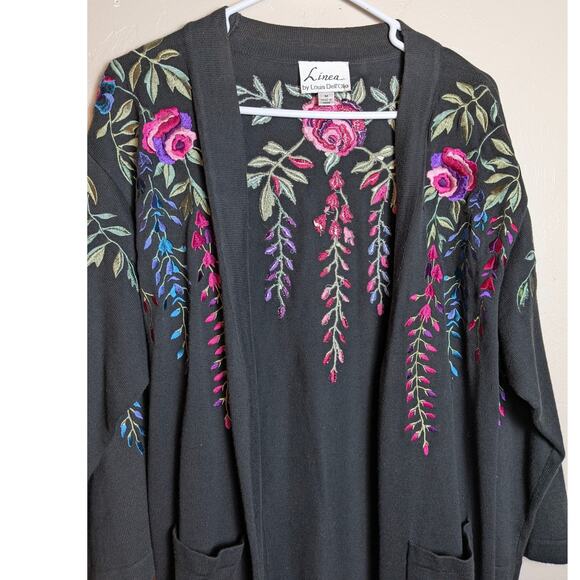Linea Louis Dell' Olio Black Cardigan Sweater Medium Floral Embroidery Pockets - Picture 2 of 5